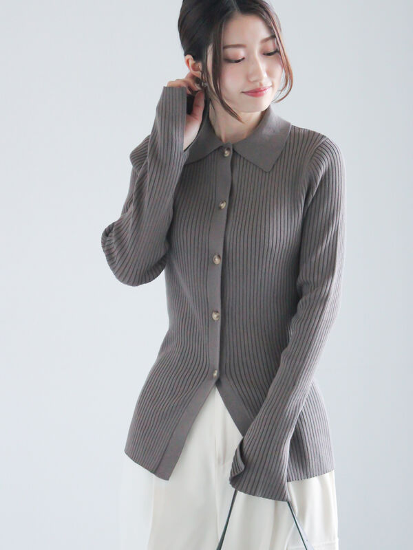 リブポロカラーニットカーディガン《2025spring catalog item》（チャコールグレー）｜Te chichi（テチチ）通販