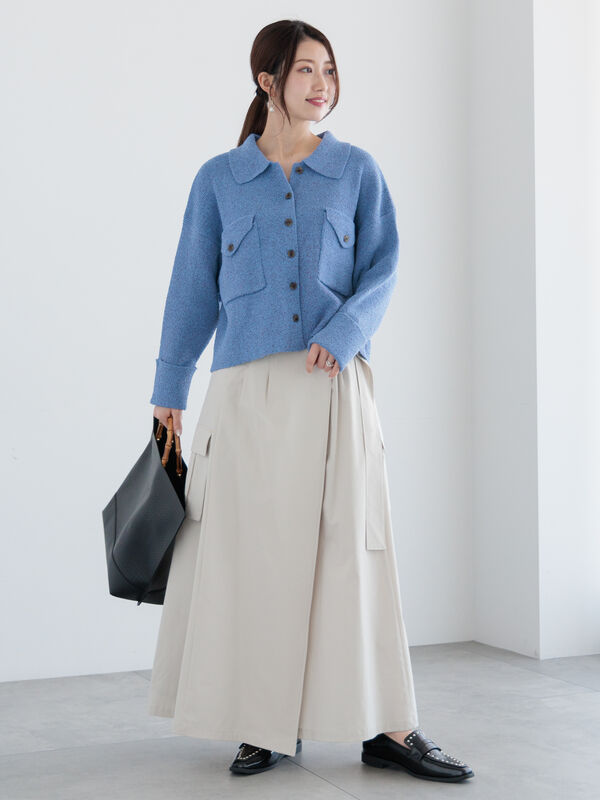 【新品未使用タグ有】CHIEKO＋ニットジャケット quaranciel:〈手洗い可能〉ノーカラー ポケット ニット