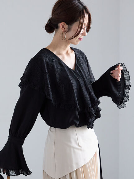 レースコンビフリルカラーブラウス《2025spring catalog item》（オフホワイト/ブラック）｜Te chichi（テチチ）通販