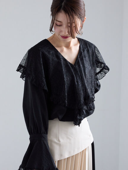レースコンビフリルカラーブラウス《2025spring catalog item》（オフホワイト/ブラック）｜Te chichi（テチチ）通販