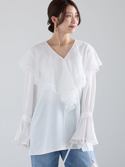 レースコンビフリルカラーブラウス《2025spring catalog item》（オフホワイト/ブラック）｜Te chichi（テチチ）通販