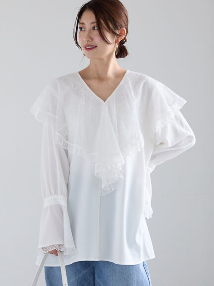 レースコンビフリルカラーブラウス《2025spring catalog item》（オフホワイト/ブラック）｜Te chichi（テチチ）通販