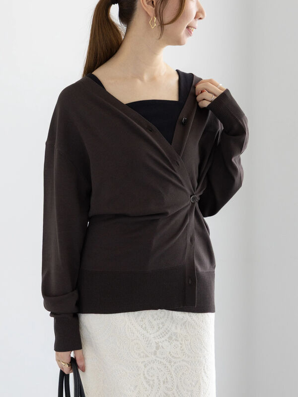 quitanダークグレー カシュクールカーディガン セール】 カシュクールVネックミドルカーディガン（シルバー