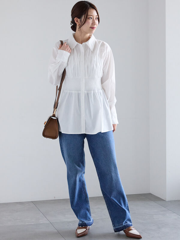 セール】 ペプラムシャーリングシャツ（オフホワイト/ホワイト