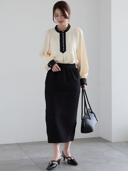 フクレジャカードストレートロングスカート《2025spring catalog item》（オフホワイト/ブラック）｜Te chichi（テチチ）通販