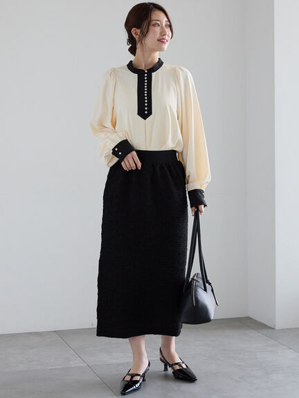 フクレジャカードストレートロングスカート《2025spring catalog item》（オフホワイト/ブラック）｜Te chichi（テチチ）通販