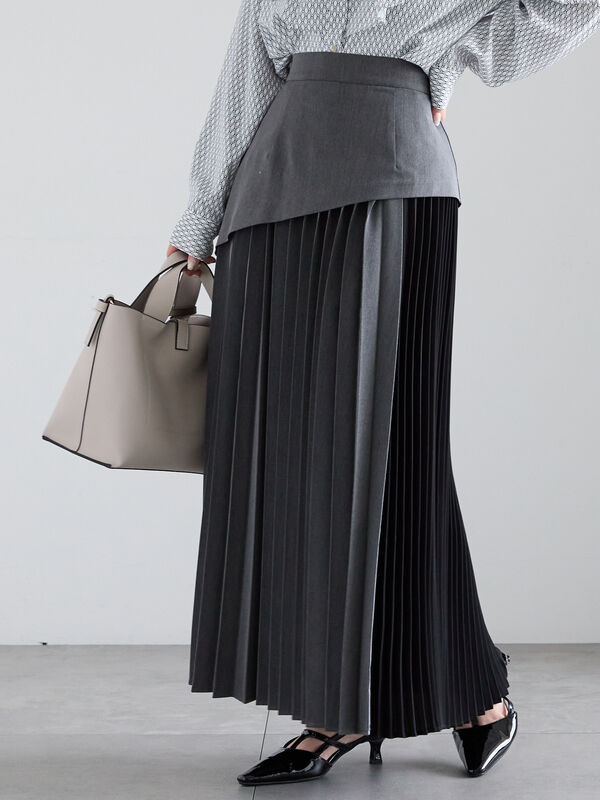 アシンメトリースカート 黒/グレー セール】 アシンメトリープリーツコンビスカート（オフホワイト/グレー