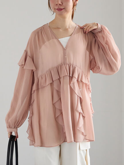 ラッフルフリルシアーチュニック《2025spring catalog item》（チャコールグレー/ピンク）｜Te chichi（テチチ）通販
