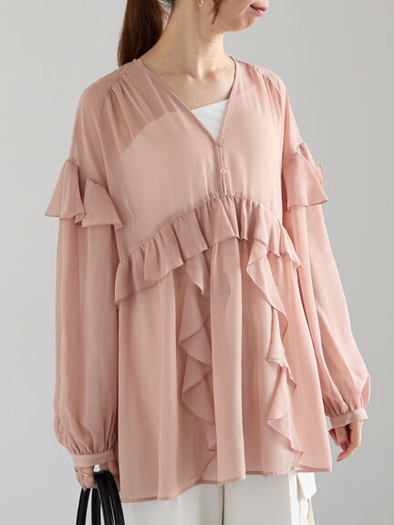 ラッフルフリルシアーチュニック《2025spring catalog item》（チャコールグレー/ピンク）｜Te chichi（テチチ）通販