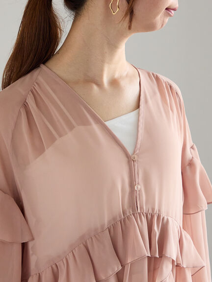 ラッフルフリルシアーチュニック《2025spring catalog item》（チャコールグレー/ピンク）｜Te chichi（テチチ）通販