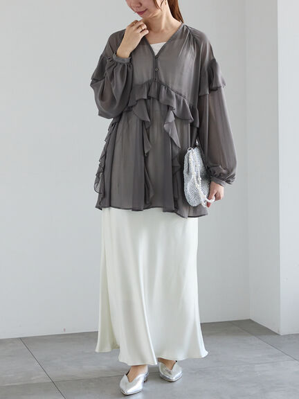 ラッフルフリルシアーチュニック《2025spring catalog item》（チャコールグレー/ピンク）｜Te chichi（テチチ）通販