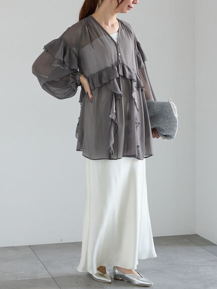 ラッフルフリルシアーチュニック《2025spring catalog item》（チャコールグレー/ピンク）｜Te chichi（テチチ）通販