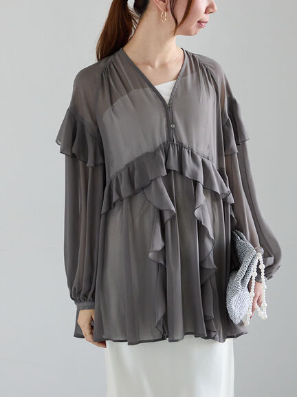 ラッフルフリルシアーチュニック《2025spring catalog item》（チャコールグレー/ピンク）｜Te chichi（テチチ）通販