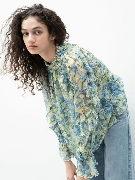 フラワープリントシアーフリルブラウス《2025spring catalog item》（ピンク/ブルー）｜Te chichi（テチチ）通販