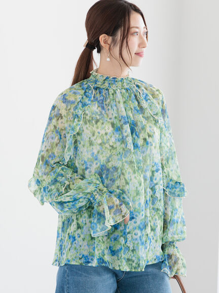 フラワープリントシアーフリルブラウス《2025spring catalog item》（ピンク/ブルー）｜Te chichi（テチチ）通販