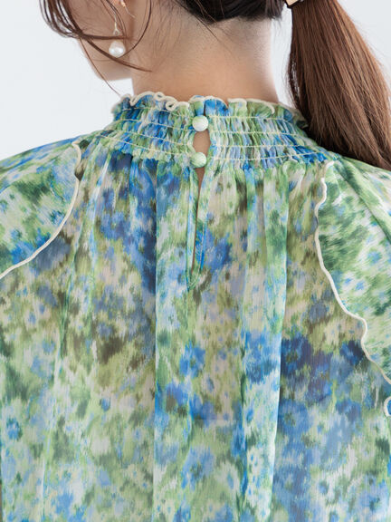 フラワープリントシアーフリルブラウス《2025spring catalog item》（ピンク/ブルー）｜Te chichi（テチチ）通販