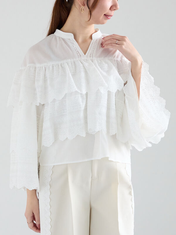 セール】 【Atelier Sucre】エンブロイダリーティアードフリルブラウス