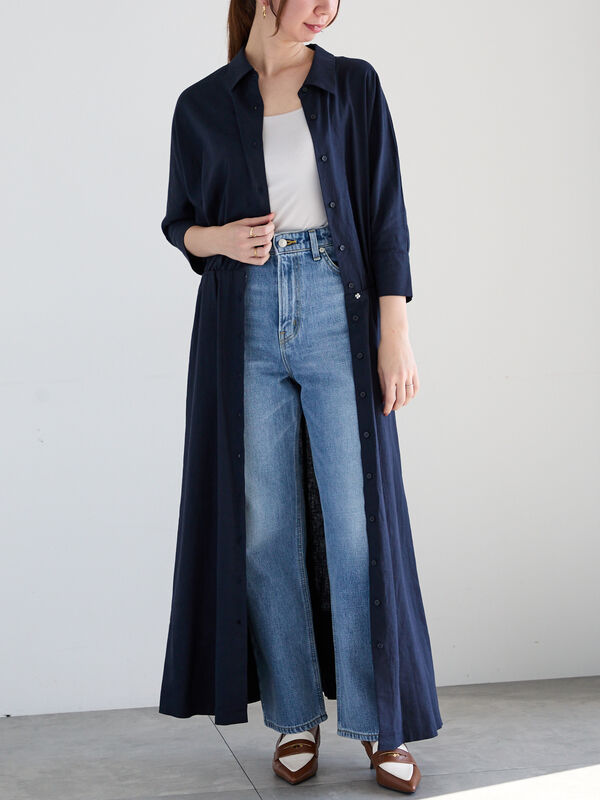期間限定】 ベルト付きレーヨンリネンシャツワンピース