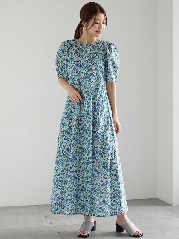 コットン キーネック フレアワンピース ロイヤルブルー 0524BL