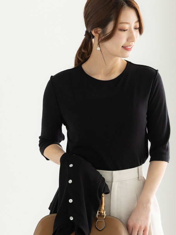 ウールブレンドエアー天竺メロートップス（アンサンブル可）《2025summer catalog item》（ブラック）｜Te chichi（テチチ）通販