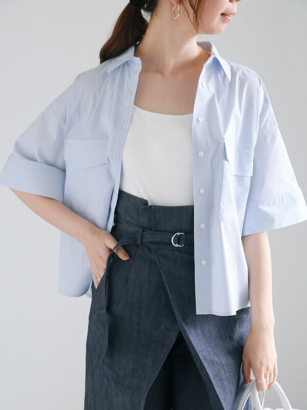 Wポケット5分袖クロップトシャツ（サックスブルー）｜Te chichi（テチチ）通販