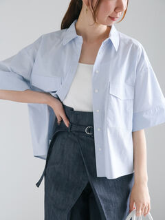 セール】 Wポケット5分袖クロップトシャツ（オフホワイト/サックス