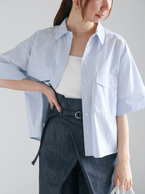 セール】 Wポケット5分袖クロップトシャツ（オフホワイト/サックス