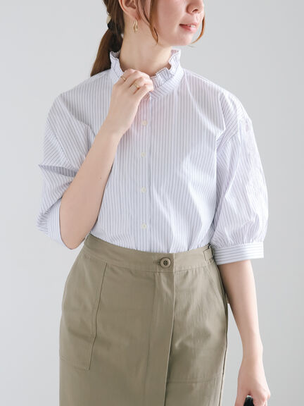 レーストリムスタンドフリル5分袖ブラウス（オフホワイト/サックスブルー/ネイビー）｜Te chichi（テチチ）通販
