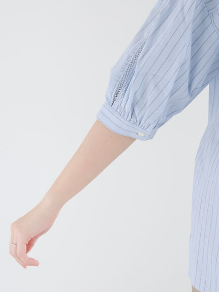レーストリムスタンドフリル5分袖ブラウス（オフホワイト/サックスブルー/ネイビー）｜Te chichi（テチチ）通販