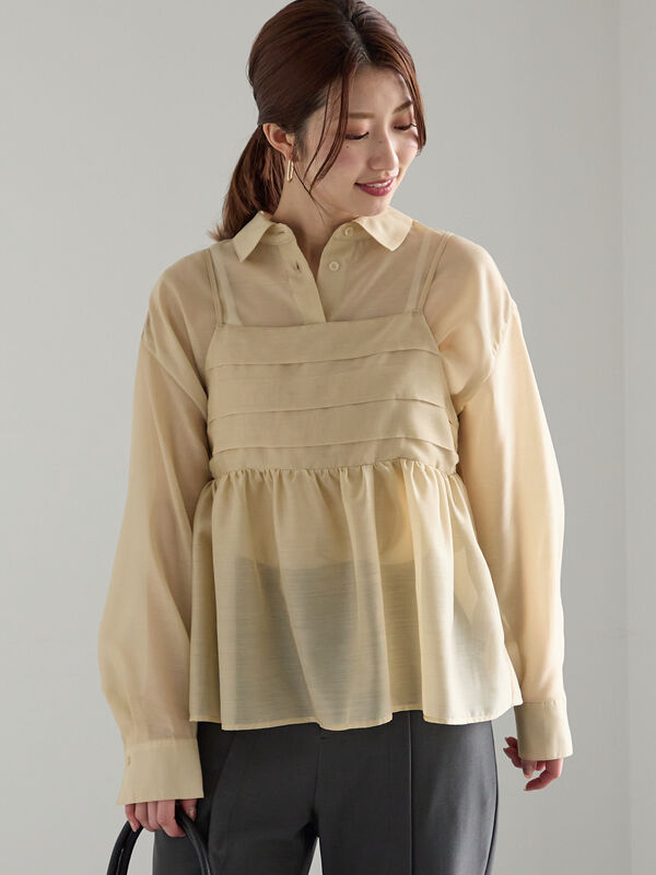 セール】 シアーシャツ+キャミブラウスセット（チャコールグレー