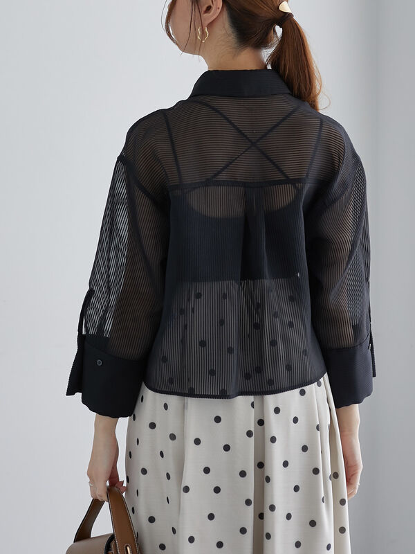 セール】 シアーコードストライプシャツジャケット（オフホワイト