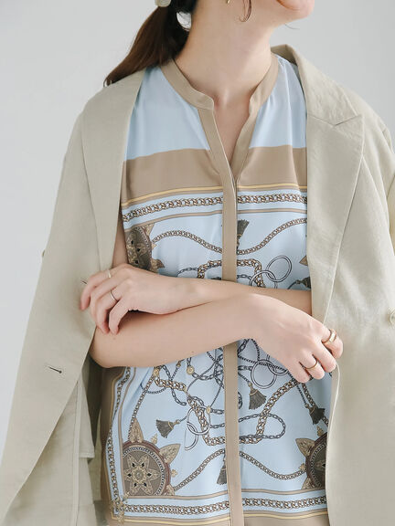 【松井愛莉着用】スカーフプリントブラウス（セットアップ可）《2025summer catalog item》（サックスブルー/ネイビー）｜Te chichi（テチチ）通販