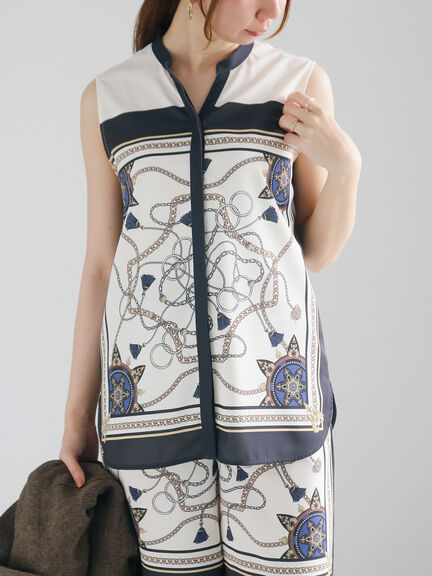 【松井愛莉着用】スカーフプリントブラウス（セットアップ可）《2025summer catalog item》（サックスブルー/ネイビー）｜Te chichi（テチチ）通販