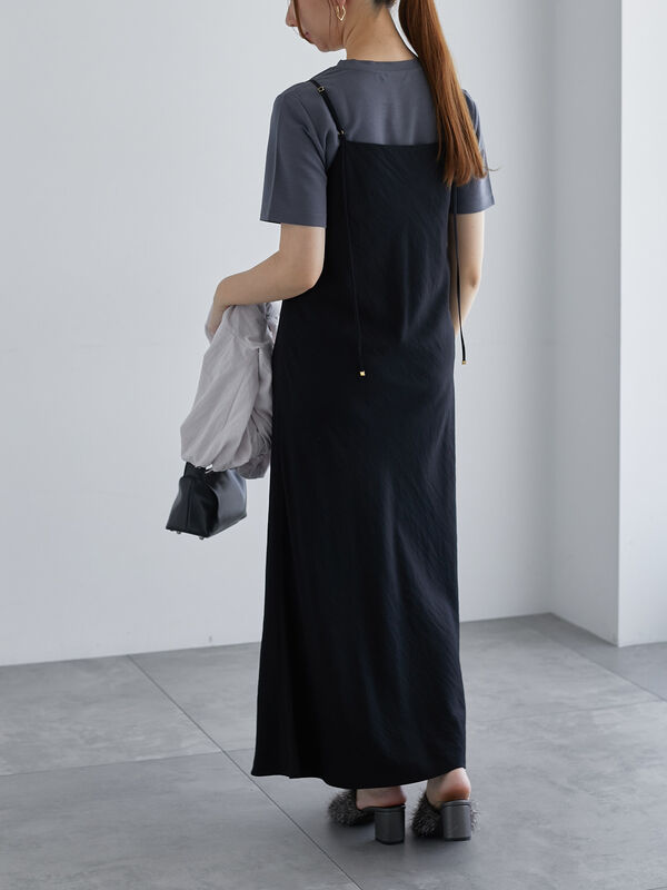 新品タグ付試着のみ♡かぐれ ピンタックキャミワンピース BLACK プチレタス ] ふくれジャガードバックリボンキャミワンピース [E3272