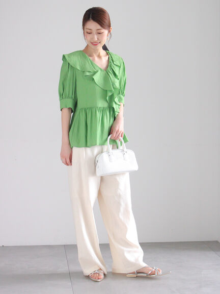 ラッフルフリルアシメブラウス《2025summer catalog item》（オフホワイト/ブラック/グリーン）｜Te chichi（テチチ）通販