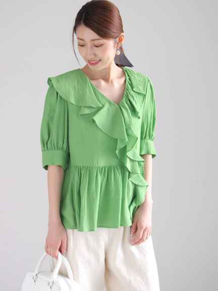 ラッフルフリルアシメブラウス《2025summer catalog item》（オフホワイト/ブラック/グリーン）｜Te chichi（テチチ）通販