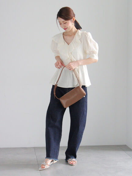 ラッフルフリルアシメブラウス《2025summer catalog item》（オフホワイト/ブラック/グリーン）｜Te chichi（テチチ）通販