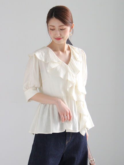 ラッフルフリルアシメブラウス《2025summer catalog item》（オフホワイト/ブラック/グリーン）｜Te chichi（テチチ）通販