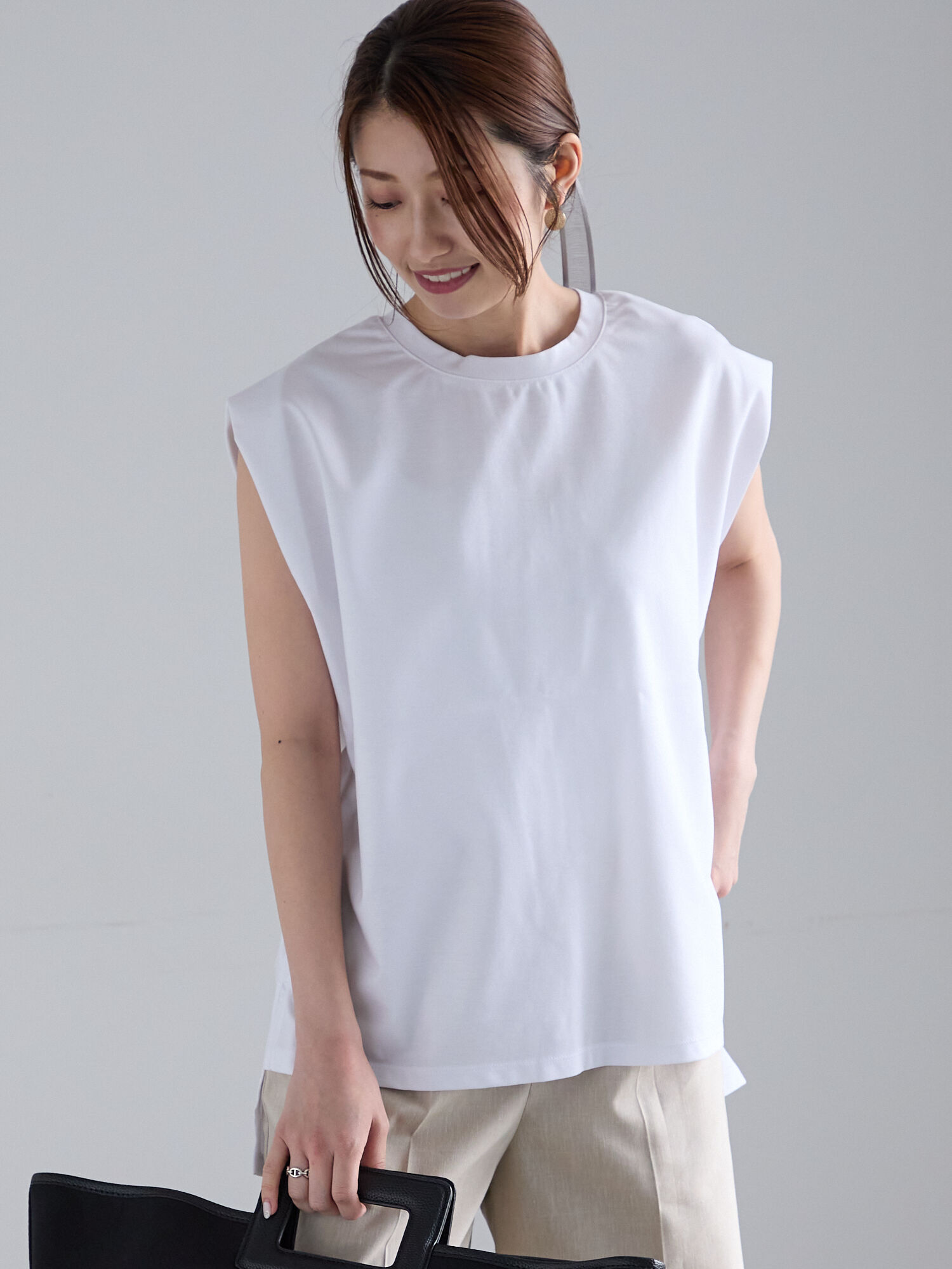 MACHATT ブラックノースリーブチュニック RASW ブラウス ピンタック ブザム ノースリーブ チュニック丈