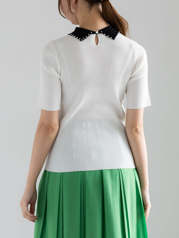 セール】 パールトリミングカラー5分袖ニット（オフホワイト/ブラック