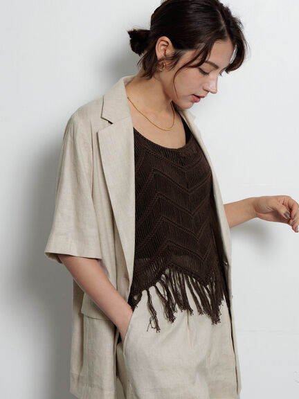 リネンブレンドハーフスリーブジャケット（セットアップ可）《2025summer catalog item》（ブラック/ベージュ）｜Te chichi（テチチ）通販