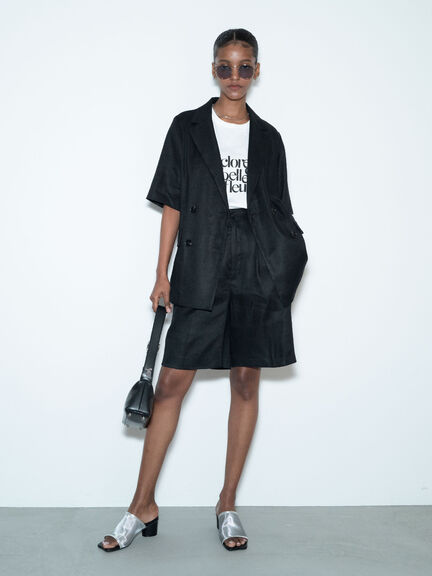 リネンブレンドショートパンツ（セットアップ可）《2025summer catalog item》（ブラック/ベージュ）｜Te chichi（テチチ）通販