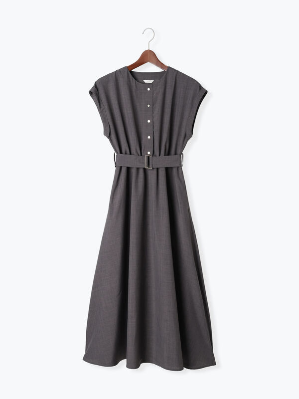 セール】 リネンライクウエストマークワンピース（グレー/グリーン