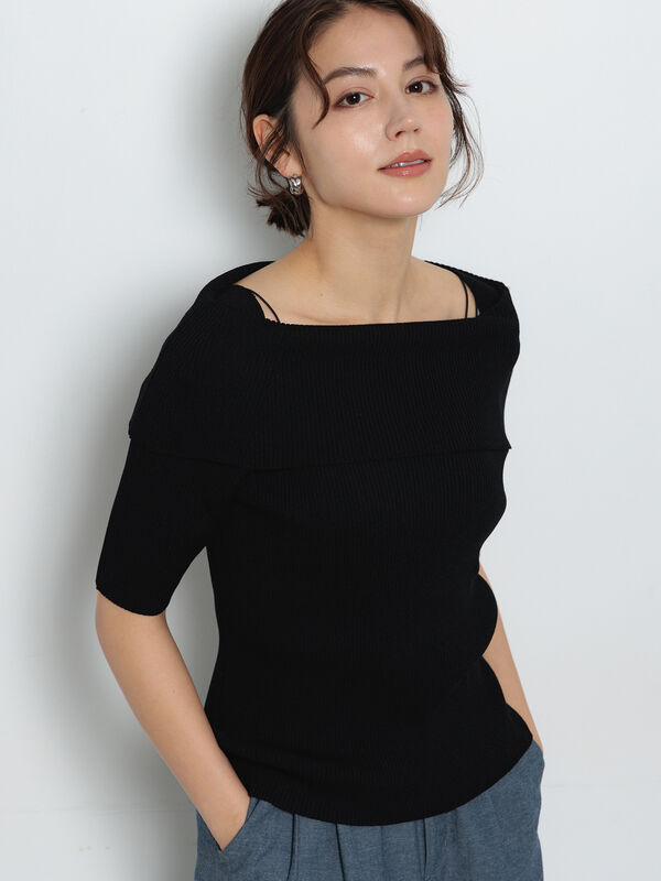 セール】 ハーフスリーブオフショルニット（ブラック/グリーン