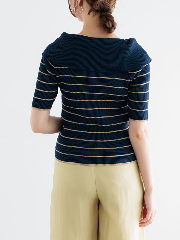 セール】 ハーフスリーブオフショルニット（ブラック/グリーン