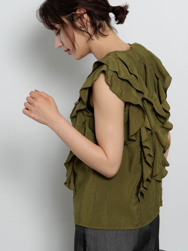 ブルチー様 ラッフルフリル付きパール釦トワルドジュイプリントブラウス