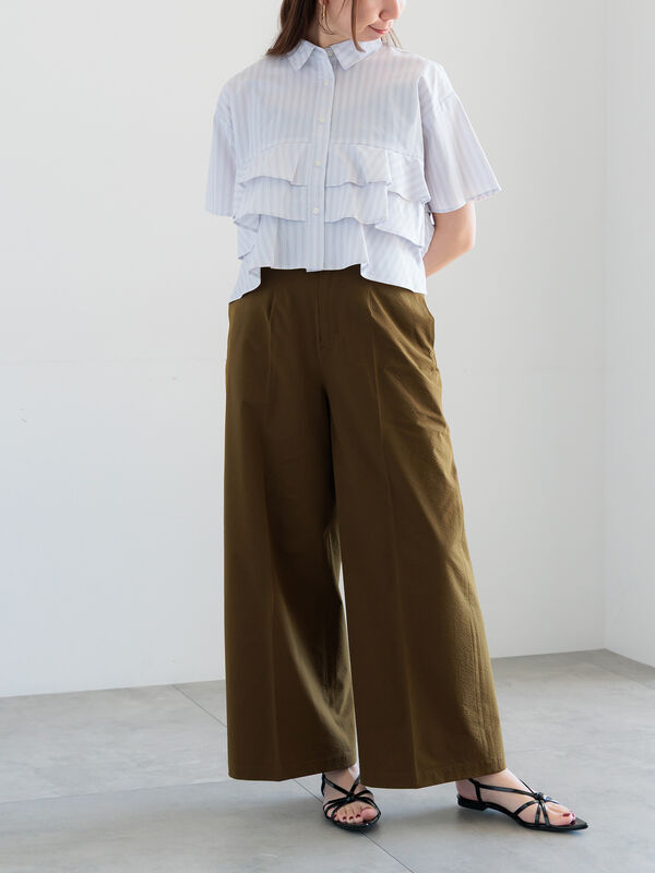 セール】 サッカーストライプワイドスラックス（ブラック/カーキ