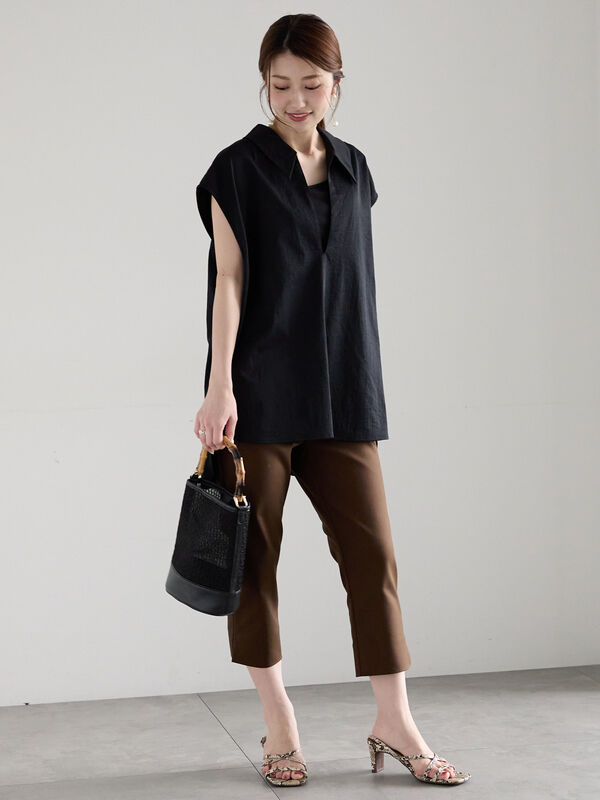 セール】 サイドスリットストレッチカプリパンツ（ブラック/ブラウン