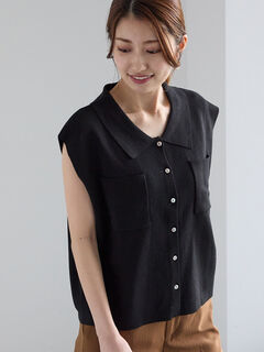 セール】 総針Wポケットスリーブレスポロニット（オフホワイト