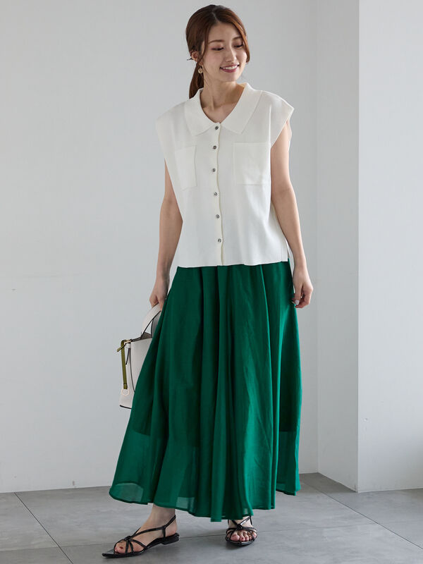 セール】 総針Wポケットスリーブレスポロニット（オフホワイト/グレー